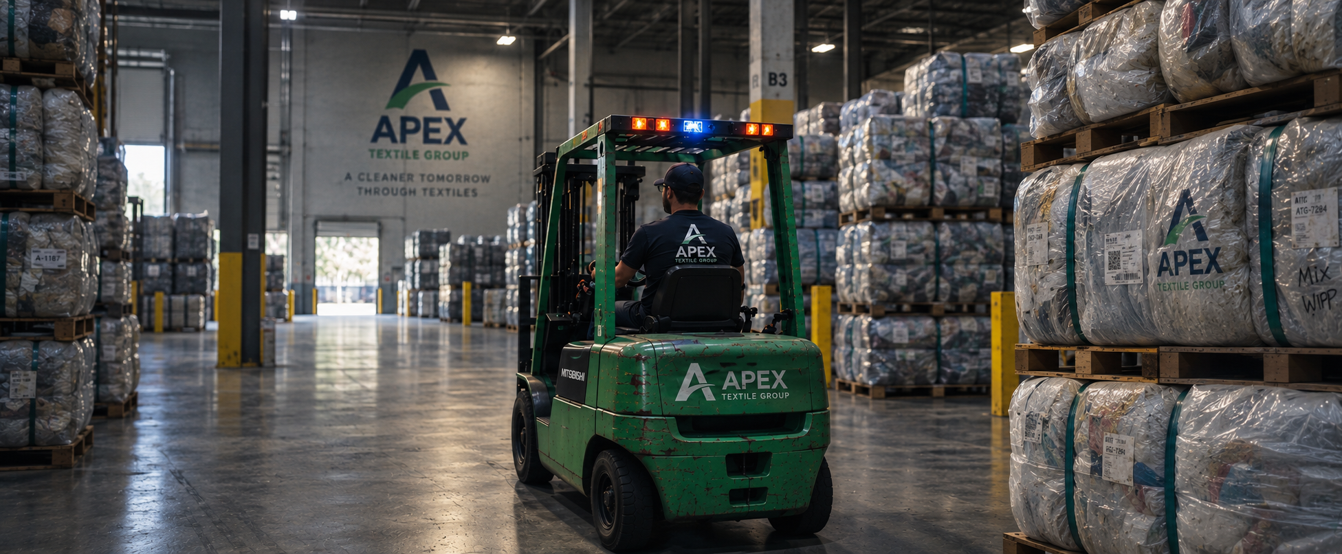 Apex Textile Group warehouse with a forklift moving compressed textile bales