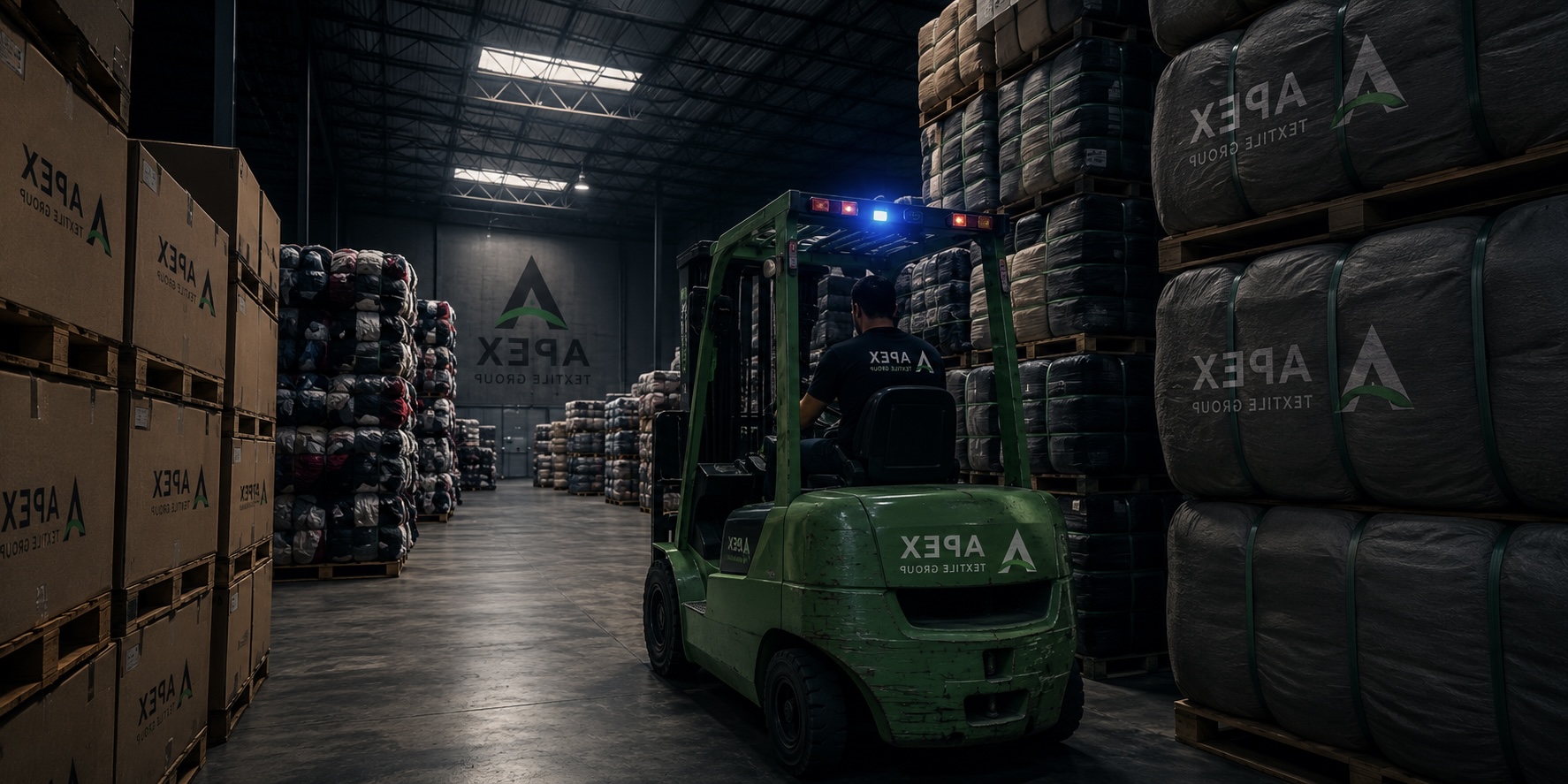Industrial textile warehouse with compressed bales and forklift operator